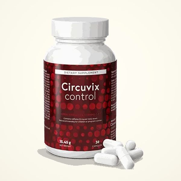 Valkoinen Circuvix Control -purkki punaisella etiketillä, kasviuutteet ja C-vitamiini mainittu