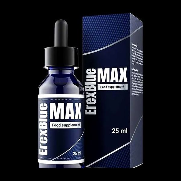 Sininen ErexBlue Max -pakkaus ja tumma tippapullo, 30 ml, ravintolisä miehille