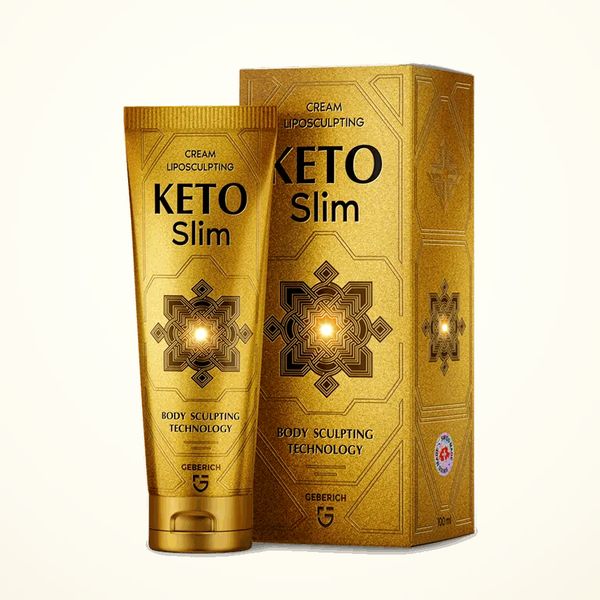 Kultainen KetoSlim-tuubi ja rasia, etiketissä vartalon muotoilua kuvaava teksti