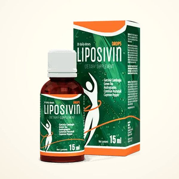 Vihreä Liposivin-tippapullo ja rasia, etiketissä garsinia, vihreä tee ja peltokorte