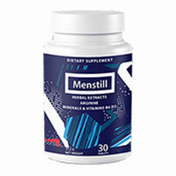 Tummansininen Menstill-purkki, etiketissä Herbal extracts, Arginine, Minerals ja vitamins B6, D3, 30 pcs