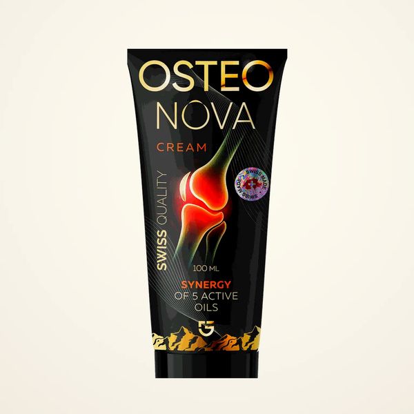 Musta OsteoNova Cream -putkilo, 100 ml, etiketissä viiden aktiiviöljyn synergia, sveitsiläinen laatu