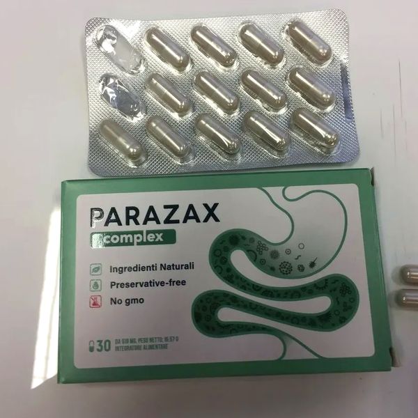 Vihreä Parazax Complex -pakkaus ja kapselilevy, 30 kapselia, etiketissä luonnonaineet