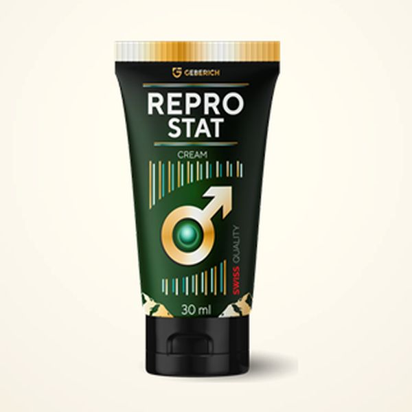 Musta Reprostat Cream -tuubi, 30 ml, etiketissä miessymboli ja Geberich-merkki