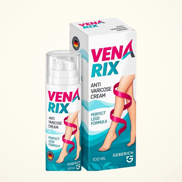 Venarix Cream -pumppupullo ja kotelo, valkoinen ja turkoosi, kuvassa jalat vaaleanpunaisessa nauhassa, 100 ML